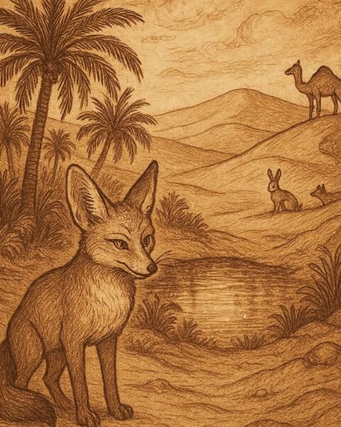A clever desert fox at a hidden oasis in the Mauritanian desert surrounded by animals - Mauritanian folktale