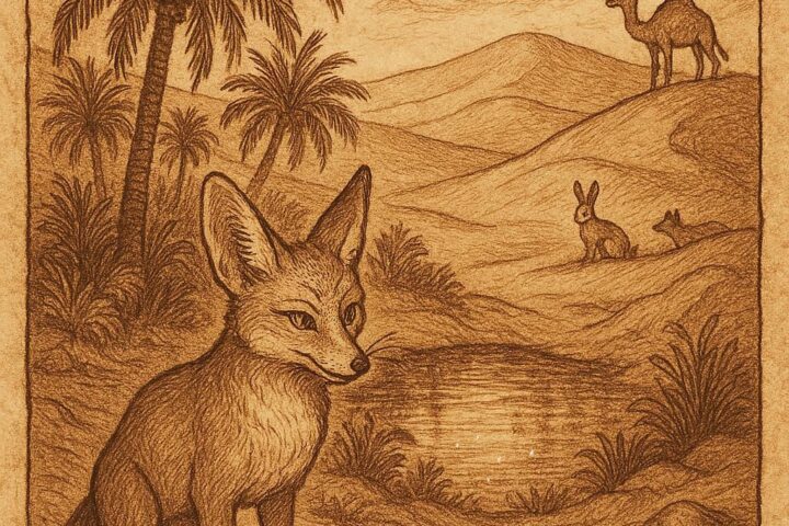 A clever desert fox at a hidden oasis in the Mauritanian desert surrounded by animals - Mauritanian folktale