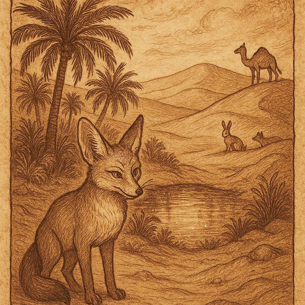A clever desert fox at a hidden oasis in the Mauritanian desert surrounded by animals - Mauritanian folktale