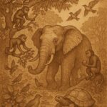 Forest animals demonstrating abundance in the Fang forest, with Elephant, monkeys, birds, and tortoise interacting – Cameroon folktale