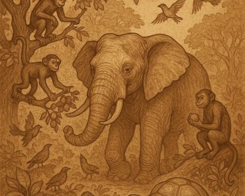 Forest animals demonstrating abundance in the Fang forest, with Elephant, monkeys, birds, and tortoise interacting – Cameroon folktale
