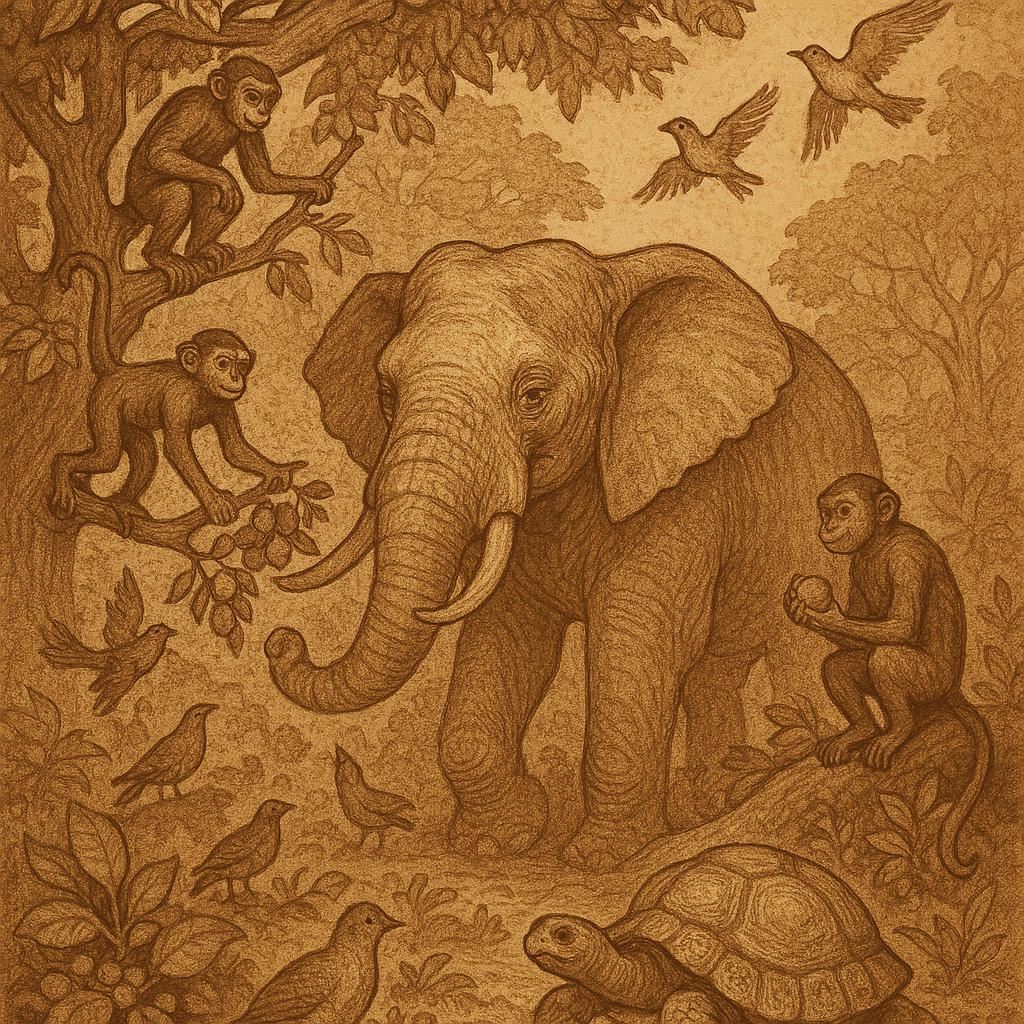 Forest animals demonstrating abundance in the Fang forest, with Elephant, monkeys, birds, and tortoise interacting – Cameroon folktale