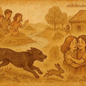 Illustration of Kaonde folktale showing boys, girls, magical dog, and Zambian cultural setting.