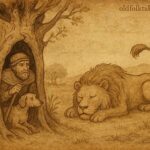Illustration of Kaonde folktale showing hunter, dog, lion, and clever use of a bell in Zambia.