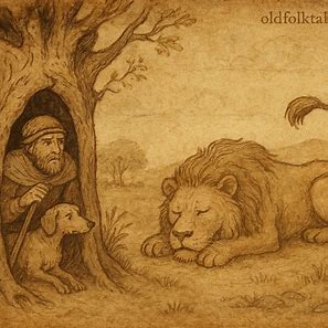 Illustration of Kaonde folktale showing hunter, dog, lion, and clever use of a bell in Zambia.