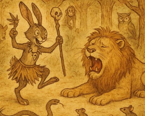 Kalulu the hare, disguised as a witchdoctor, saves the Lion from a snake in a Luchazi folktale.