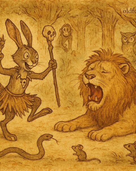 Kalulu the hare, disguised as a witchdoctor, saves the Lion from a snake in a Luchazi folktale.