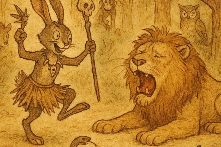 Kalulu the hare, disguised as a witchdoctor, saves the Lion from a snake in a Luchazi folktale.