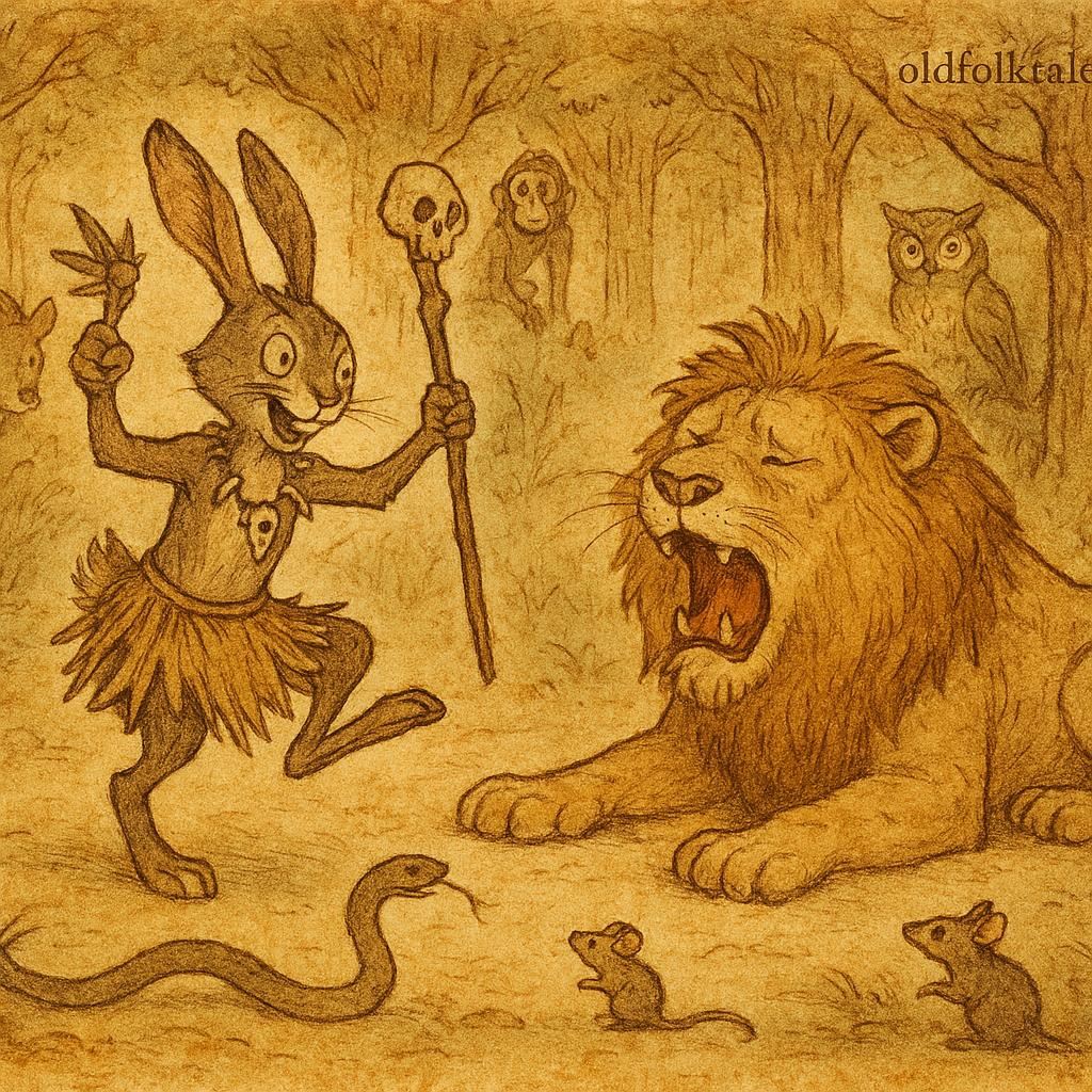 Kalulu the hare, disguised as a witchdoctor, saves the Lion from a snake in a Luchazi folktale.
