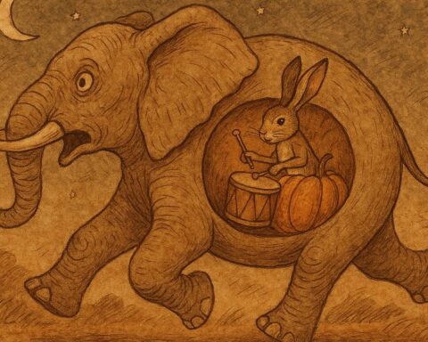 Kalulu the Hare beats a drum inside a pumpkin in the Elephant’s belly, Zambian Luchazi folktale.