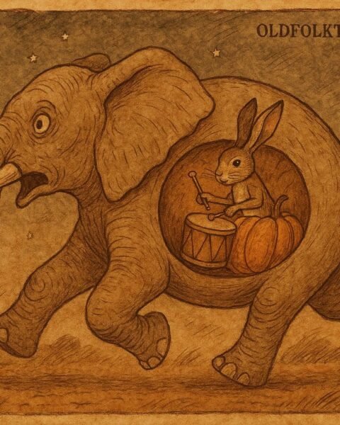 Kalulu the Hare beats a drum inside a pumpkin in the Elephant’s belly, Zambian Luchazi folktale.