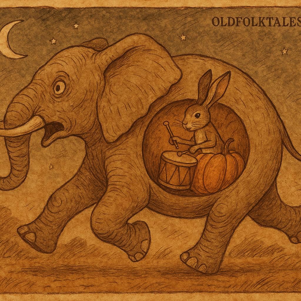 Kalulu the Hare beats a drum inside a pumpkin in the Elephant’s belly, Zambian Luchazi folktale.