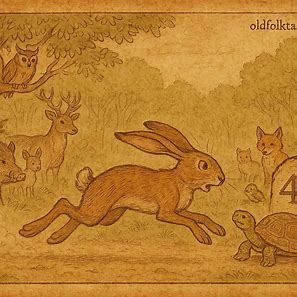 Kalulu the Hare racing while the Tortoise calmly appears ahead at each milestone, Zambian Luchazi folktale.