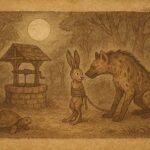 Folktale illustration of Kalulu tied by Hyena at the forest well, East African origin.