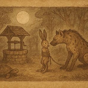 Folktale illustration of Kalulu tied by Hyena at the forest well, East African origin.