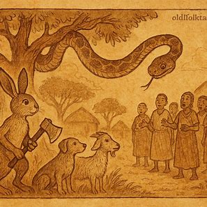 Illustration of Kalulu the Hare defeating the Snake in a Bemba folktale from Zambia.