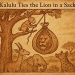 Illustration of Kalulu the Hare tricking the Lion in a Bemba folktale from Zambia.