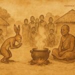 Kalulu the Hare bows before the Chief beside a boiling pot in this Bemba folktale from Zambia.