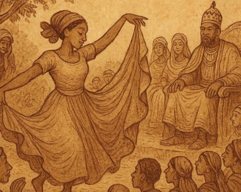 Parchment-style illustration of Fatuma dancing before the king and wives in an Ethiopian folktale.