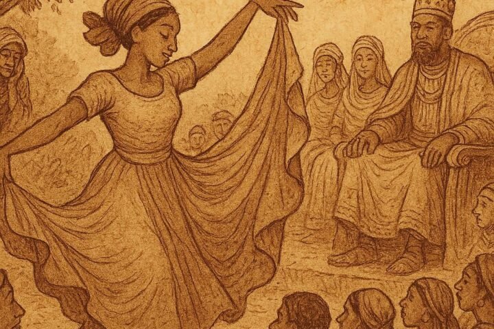 Parchment-style illustration of Fatuma dancing before the king and wives in an Ethiopian folktale.