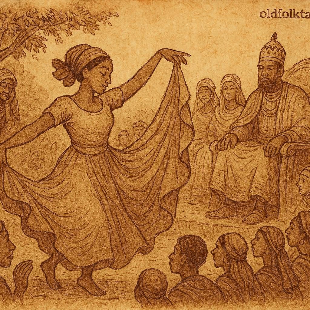 Parchment-style illustration of Fatuma dancing before the king and wives in an Ethiopian folktale.