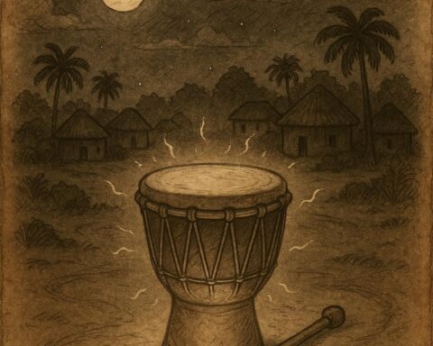 a sacred drum glowing under the moonlight at midnight with a Liberian village