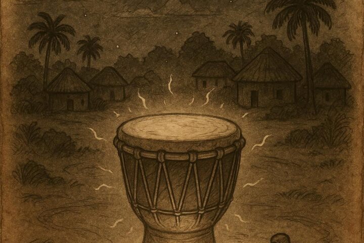 a sacred drum glowing under the moonlight at midnight with a Liberian village