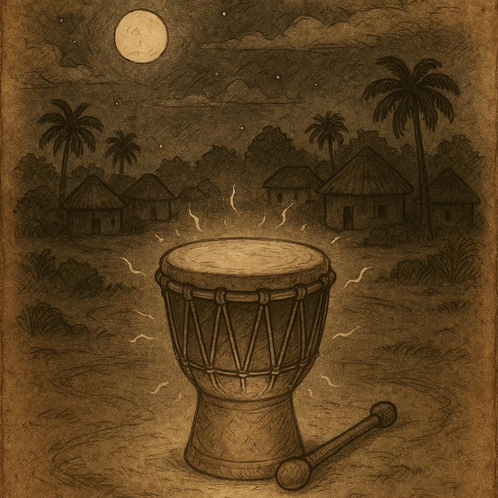 a sacred drum glowing under the moonlight at midnight with a Liberian village