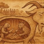 Tortoise and Leopard inside giant Goat Mbodi, Fang folktale from Equatorial Guinea, villagers nearby in earthy illustration.