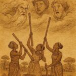 Illustration of Bemba women pounding corn, pestles hitting low sky, from the Zambian folktale Why the Sky Is So High.
