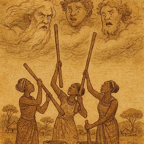 Illustration of Bemba women pounding corn, pestles hitting low sky, from the Zambian folktale Why the Sky Is So High.