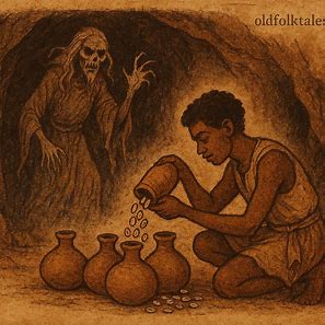 Chipila fills the fourth gourd of cowries as a ghostly ancestor spirit appears in this Zambian Bemba folktale.
