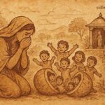 Milika at the shrine, children emerging from monkey fruit, traditional Zambian folktale illustration.