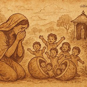 Milika at the shrine, children emerging from monkey fruit, traditional Zambian folktale illustration.