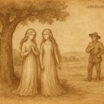 Two wax maidens resting beneath a tree in a Zambian folktale, admired by a young farmer.
