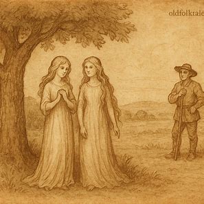 Two wax maidens resting beneath a tree in a Zambian folktale, admired by a young farmer.