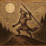 Illustration of Jackal howling at the Moon holding his stolen golden spear in a traditional Zambian folktale scene.