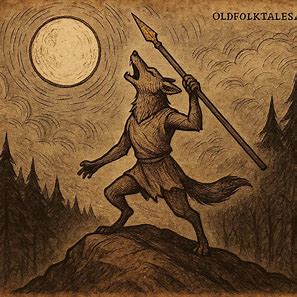 Illustration of Jackal howling at the Moon holding his stolen golden spear in a traditional Zambian folktale scene.