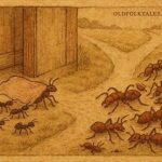 Illustration of Small-ants carrying human skin scrap, Congo folktale explaining why ants live in houses.