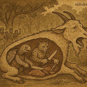 Tortoise and Leopard inside the mythical Giant Goat, Fang folktale from Equatorial Guinea, symbolizing greed and consequences.
