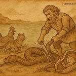 Illustration of father opening python to reveal animals and peanut, Congo folktale of wisdom and humility.