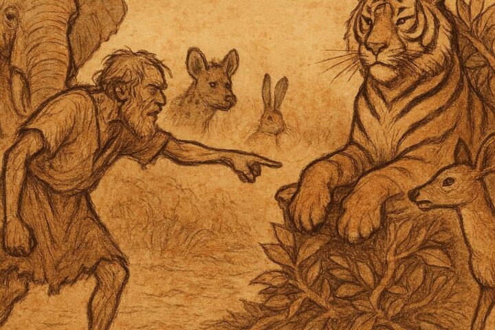 Parchment-style illustration of Ohia accusing the deer before King Tiger and animals, Akan folktale from Ghana.