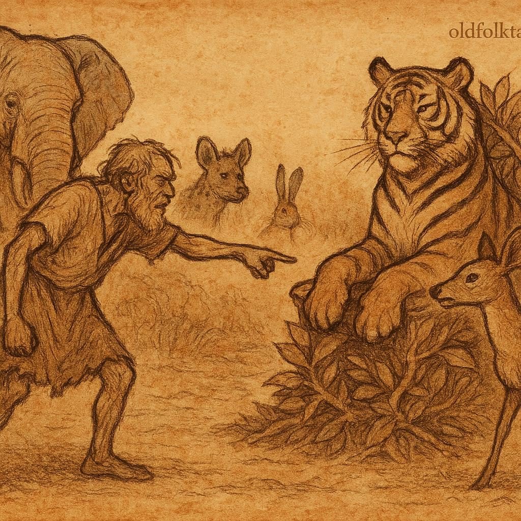 Parchment-style illustration of Ohia accusing the deer before King Tiger and animals, Akan folktale from Ghana.