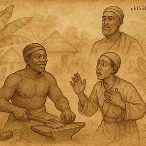 Bokeli at the smithy surprises Etungi, proving he lives; Fang folktale scene from Equatorial Guinea with moral lesson.