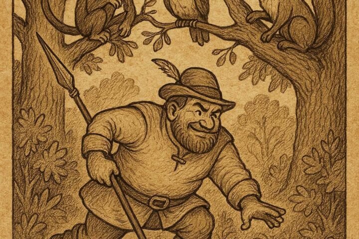 a proud hunter failing to catch a tortoise in the forest as animals watch and laugh - Gabonese folktale