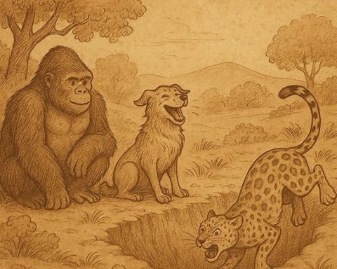 Dog triumphs as Leopard and Gorilla fall into a pit, Equatorial Guinean folktale on pride destroying friendship.