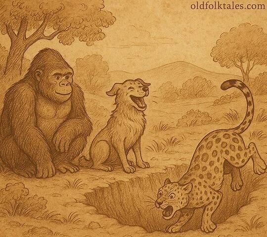 Dog triumphs as Leopard and Gorilla fall into a pit, Equatorial Guinean folktale on pride destroying friendship.