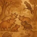 swine trying to speak in a Benga folktale from Equatorial Guinea, surrounded by animals in a forest clearing.