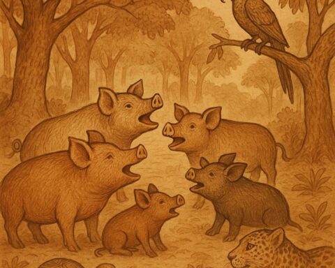 swine trying to speak in a Benga folktale from Equatorial Guinea, surrounded by animals in a forest clearing.