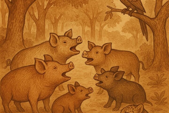 swine trying to speak in a Benga folktale from Equatorial Guinea, surrounded by animals in a forest clearing.